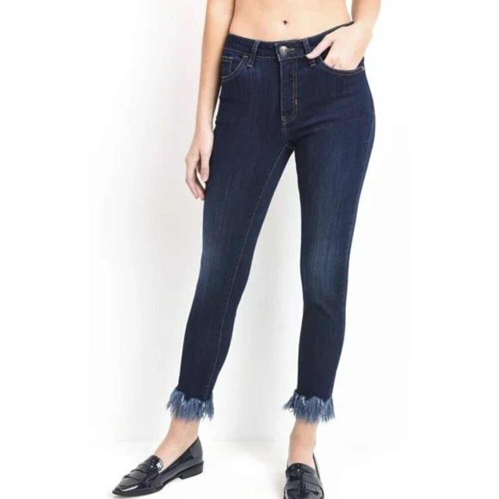 EUC Just Black Denim Fringe Hem Ankle Jeans Shark Bite Stretch Indigo US Made 29 - Picture 2 of 12